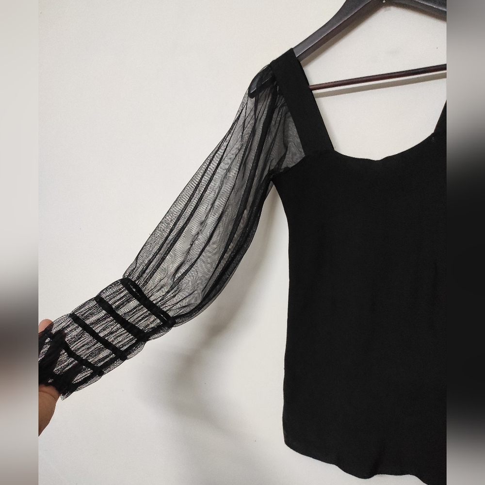 MNG Black Puffed Mesh Sleeve Top - Picture 7 of 12